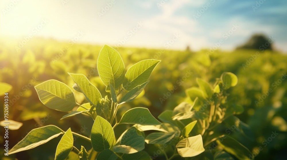Poster a field of green plants with the sun shining in the background. suitable for nature and agriculture 