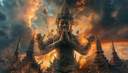 devil warrior fantasy charming fortune Wealthy work rich bright colors Virtual image The background is a Thai temple - obrazy, fototapety, plakaty