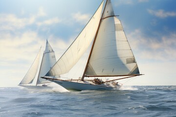 Fototapeta premium Two sailboats sailing in the open ocean. Suitable for travel and adventure concepts