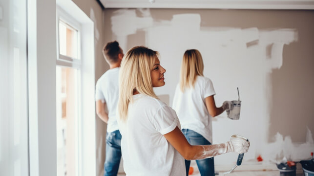 Young married couple with friends painting the walls, happily renovating a newly purchased house