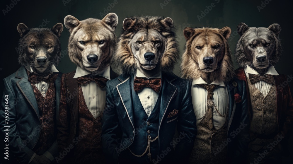 Poster group of animals dressed up in formal attire. suitable for business or party themes