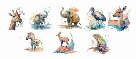 Obraz premium Watercolor Wildlife Collection: Artistic Illustrations of Giraffe, Elephants, Zebra, Antelope, Ibis, Deer and Lizard in Vivid