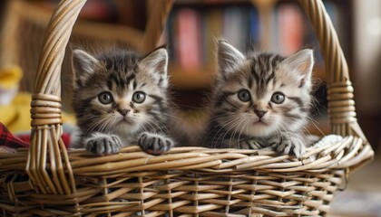 cute kittens in a wicker basket - obrazy, fototapety, plakaty