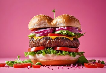 heart-shaped burger with fresh vegetables on a vibrant pink background