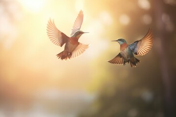 Pair of birds in flight against a dreamy blurred background, creating a serene atmosphere