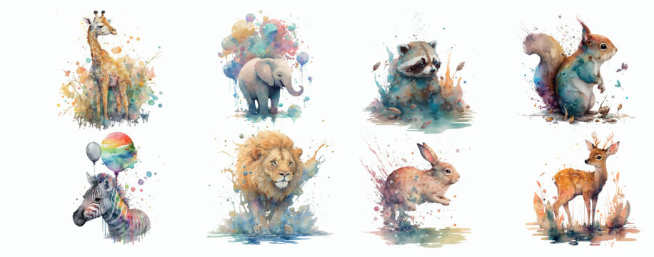Vibrant Watercolor Wildlife: A Collection of Beautifully Painted Animals Including a Giraffe, Elephant, Zebra, Lion, Raccoon, Squirrel, Rabbit
