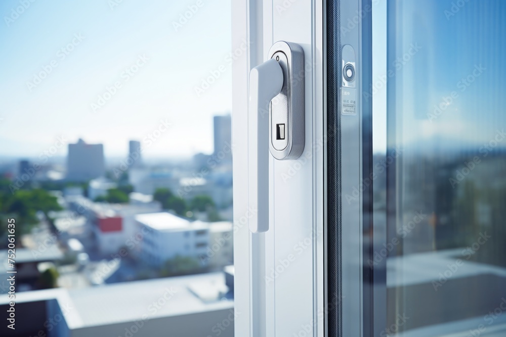 Poster a detailed view of a door handle on a window. suitable for architectural designs