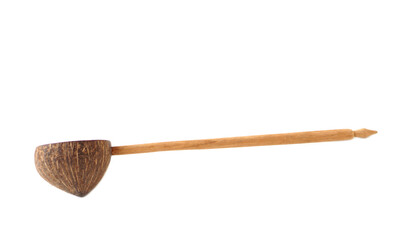  A dipper made of coconut shell isolated on white background. Concept, DIY craft for using in kitchen for water scoop from natural materials.             