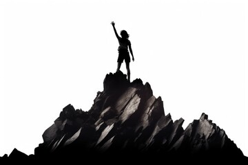 A man standing with arms raised on a mountain peak. Great for success or achievement concepts