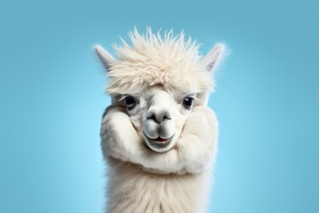 A white llama with shaggy hair on a blue background. Suitable for various design projects
