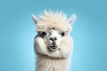 Poster A white llama with shaggy hair on a blue background. Suitable for various design projects © Fotograf