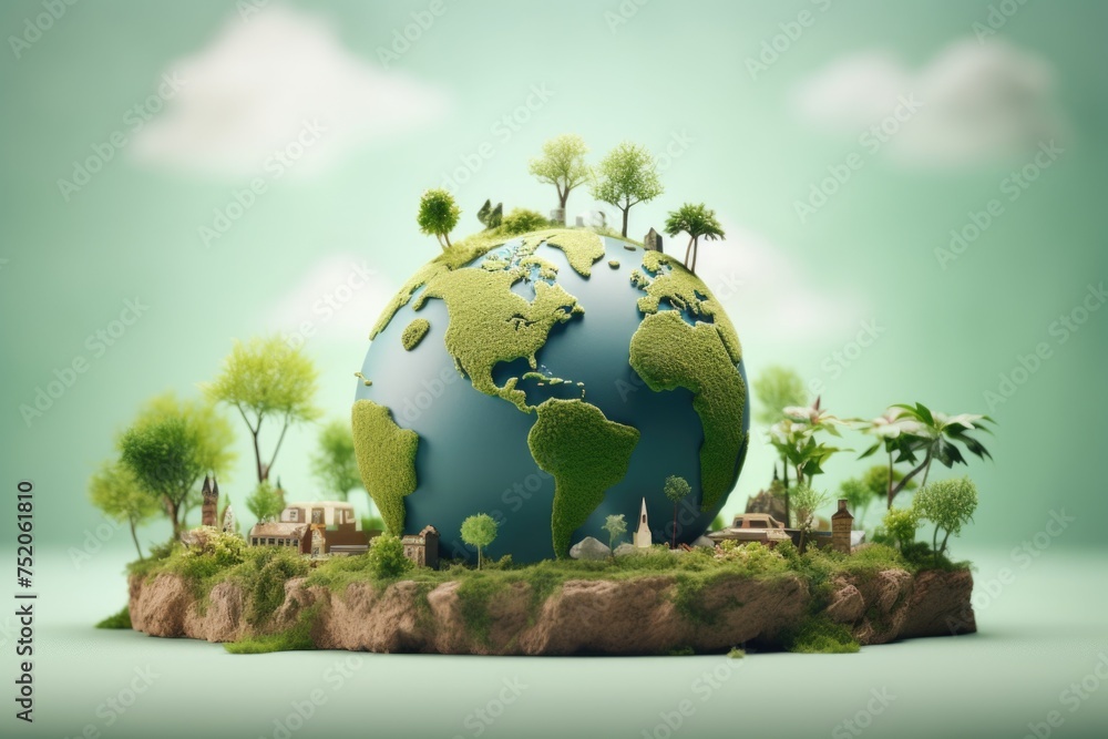 Poster a picturesque view of a green earth covered with trees and bushes. ideal for environmental concepts