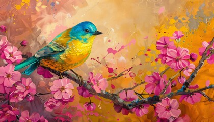 Colorful Bird. Songbird in Cherry Blossoms 