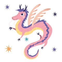 Cute pink Chinese dragon. Vector illustration, children's