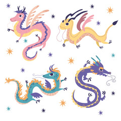 Cute Chinese dragons. Set of elements. Vector illustration, children's