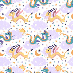 Fototapeta na wymiar Cute Chinese dragon. Vector illustration, seamless pattern