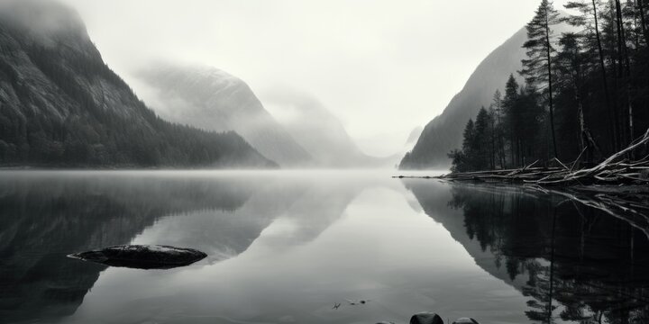 Serene black and white photo of a mountain lake. Suitable for various projects