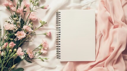 Top view of flowers and blank notebook on white fabric workspace background,generative ai, - obrazy, fototapety, plakaty