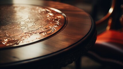 Obraz premium Wooden table with metal plate, suitable for food photography or industrial themes