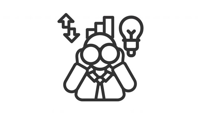 Animated vision with man holds magnifying glass and light bulb above head. Suitable for financial concepts, money management, investment, analysis, investigation concepts in business and research