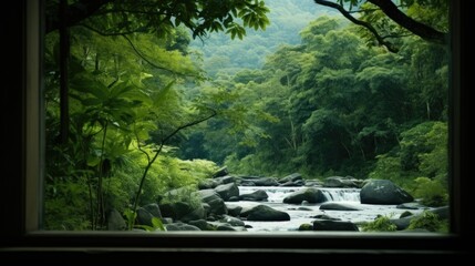 A scenic river view through a window, suitable for travel brochures