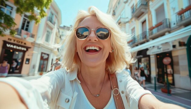 Fototapeta Beautiful middle aged woman smiling happy walking on city streets
