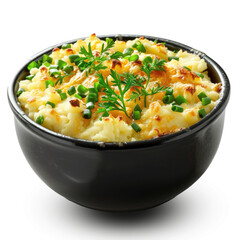 Casserole with mashed potatoes and cheese in black bowl. isolated on white background 