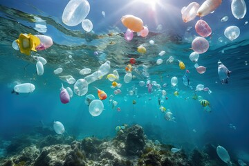 Fish and plastic pollution. Envrionmental problem - plastics contaminate seafood.