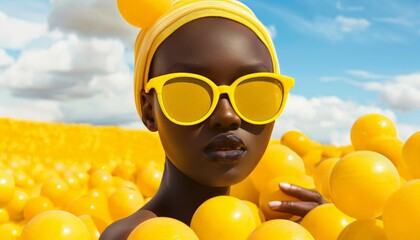 a model wearing yellow sunglasses  - obrazy, fototapety, plakaty