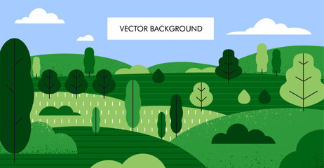 Summer nature landscape background. Green tree plants, hills, grass, sky, clouds, scenery panorama in modern style. Abstract calm wild countryside environment, banner. Flat vector illustration © Good Studio