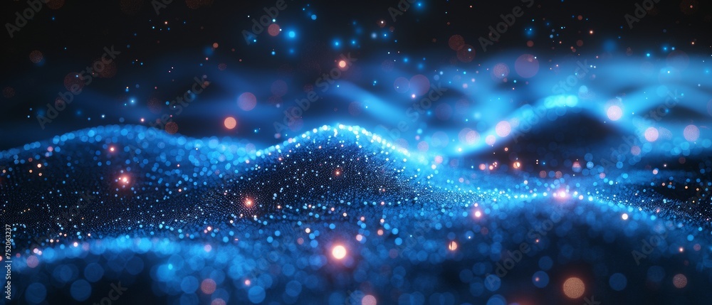 Aufkleber an abstract connected dot on a bright blue background with a technology theme.