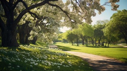 Old pathway and beautiful orchid trees track in the park on green grass field on the side of the...