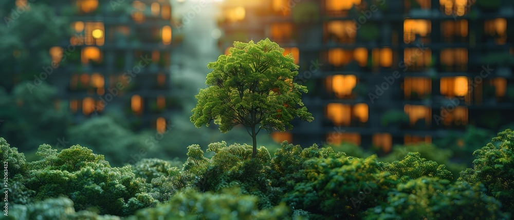 Poster A modern building overlays trees in a forest, abstract modern architecture replaces the trees, and a big city develops a concept to replace them