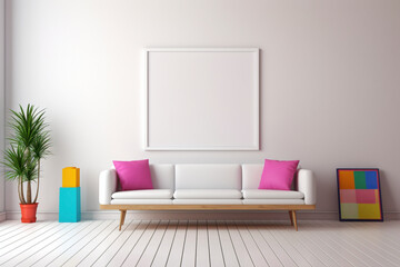 An HD-captured image showcasing an office interior with a blank white empty frame, minimalistic appeal, mockup design, and a pleasing infusion of simple, colorful accents.