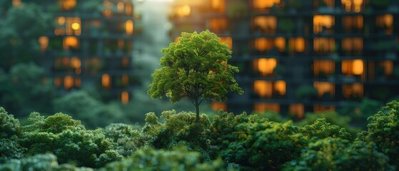 A modern building overlays trees in a forest, abstract modern architecture replaces the trees, and a big city develops a concept to replace them - obrazy, fototapety, plakaty