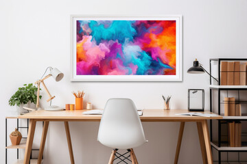 An HD-captured view of an office space, highlighting a clean, empty white frame, minimalistic style, mockup elements, and a vibrant burst of colors.