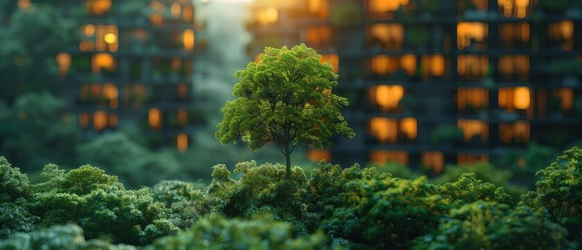 A modern building overlays trees in a forest, abstract modern architecture replaces the trees, and a big city develops a concept to replace them