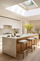 An inviting kitchen space with minimalist d?(C)cor accented by a bright, mosaic-tiled kitchen island.
