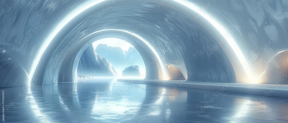 Poster abstract white 3d rendered background with white futuristic tunnel leading to light. wide angle.