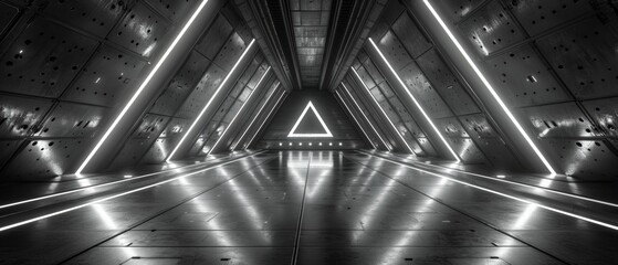 This is a rendering of a dark abstract sci-fi tunnel enclosing a futuristic triangle spaceship corridor.