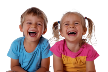 Laughing small children on a white background
