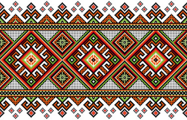 Embroidered fabric pattern: Colorful squares and triangles with a textured, embroidered look seamlessly repeat on a beige background