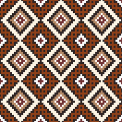 Tribal textile design This geometric pattern features interlocking diamonds and squares in shades of pink, yellow, and brown on a beige background