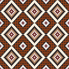 Tribal textile design This geometric pattern features interlocking diamonds and squares in shades of pink, yellow, and brown on a beige background