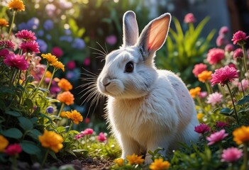 magical garden scene featuring a cute bunny with paint splashes, investigating the surrounding bloom of vibrant flowers.