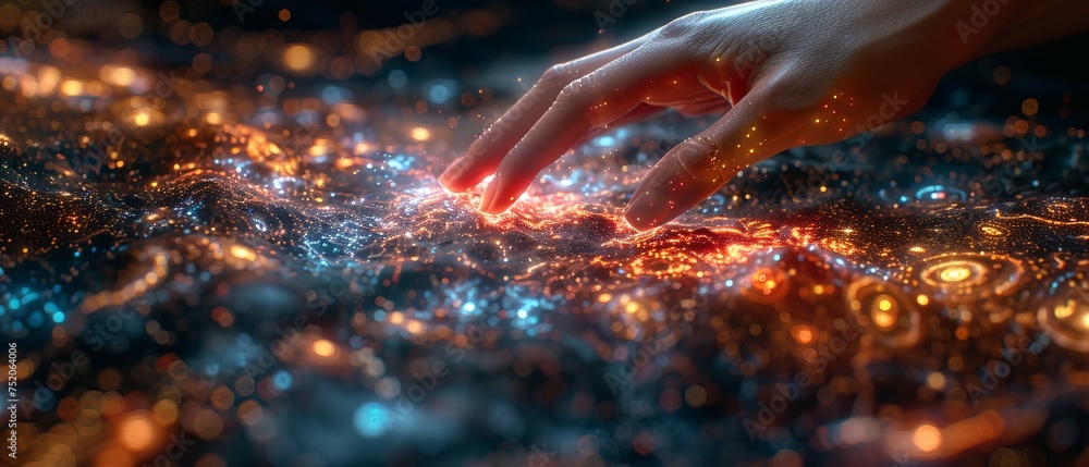 Poster digital transformation conceptual for the next generation of technology era, showing a woman hand to