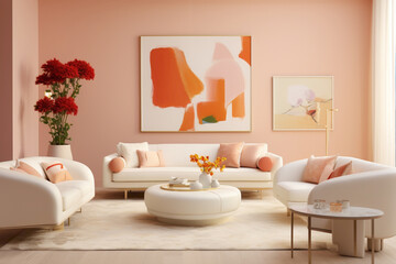 An inviting living area highlighting an empty white frame against a backdrop of soft, muted peach walls, paired with contemporary furniture and splashes of vibrant, playful accessories.