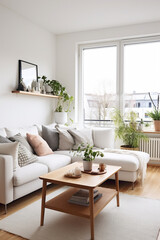 An inviting living area with a Scandinavian touch, featuring a combination of wooden accents, white walls, and a hint of greenery.
