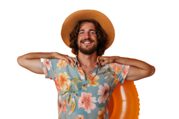 An all-around smiley cheerful fun tourist holding a camera is isolated on an orange background. The concept of a summer vacation at the sea and getting tanned is envisioned in this studio portrait of