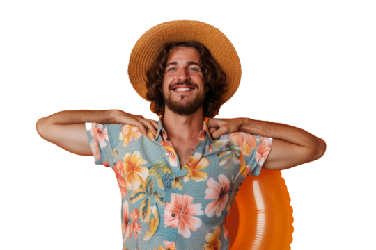 An all-around smiley cheerful fun tourist holding a camera is isolated on an orange background. The concept of a summer vacation at the sea and getting tanned is envisioned in this studio portrait of